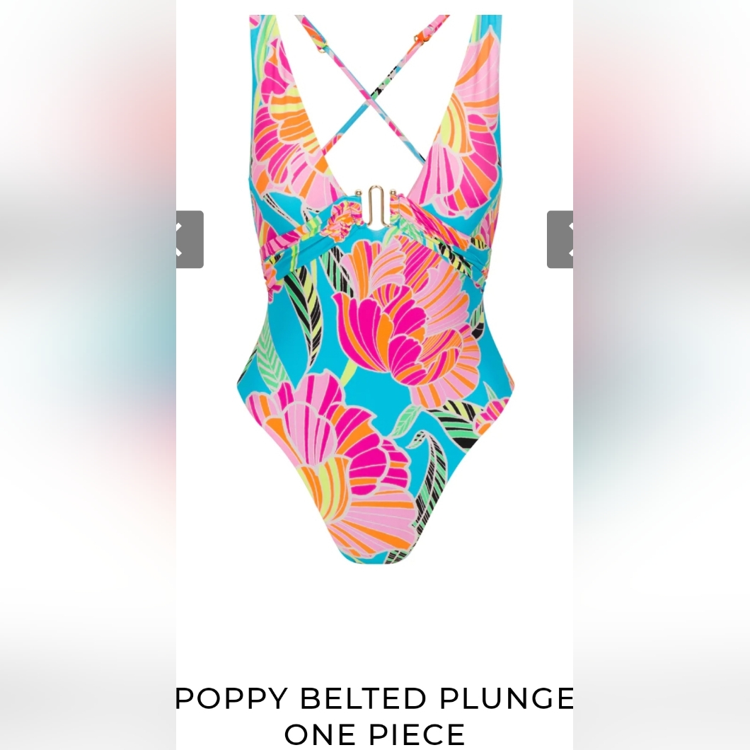 Trina Turk Womens Bathing Suit Poppy Belted Plunge One Piece Swimsuit Sz 14 New